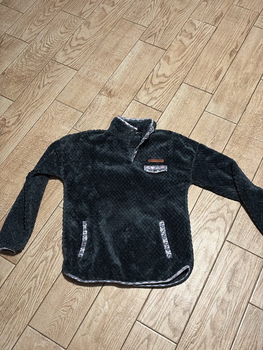 Gray Plush Quarter-Zip Pullover with Patterned Trim